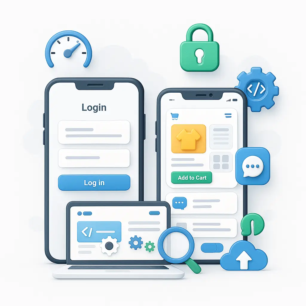 Mobile app development illustration showing login screens, shopping cart UI, cloud sync, security, and coding interface_Creative IT Solutions