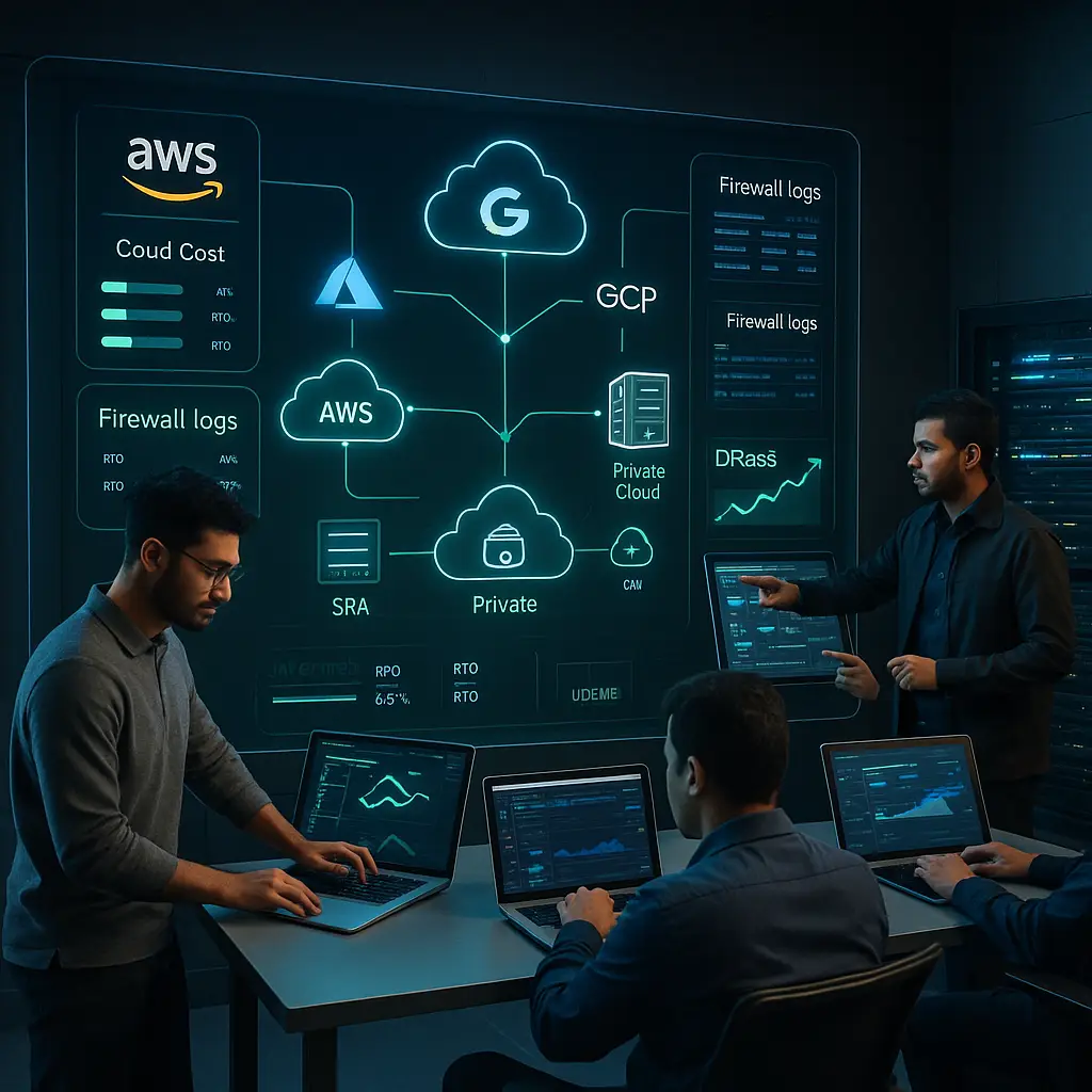 Cybersecurity professionals analyzing cloud infrastructure with dashboards showing AWS, GCP, Azure, and Private Cloud connections, firewall logs, and disaster recovery data.