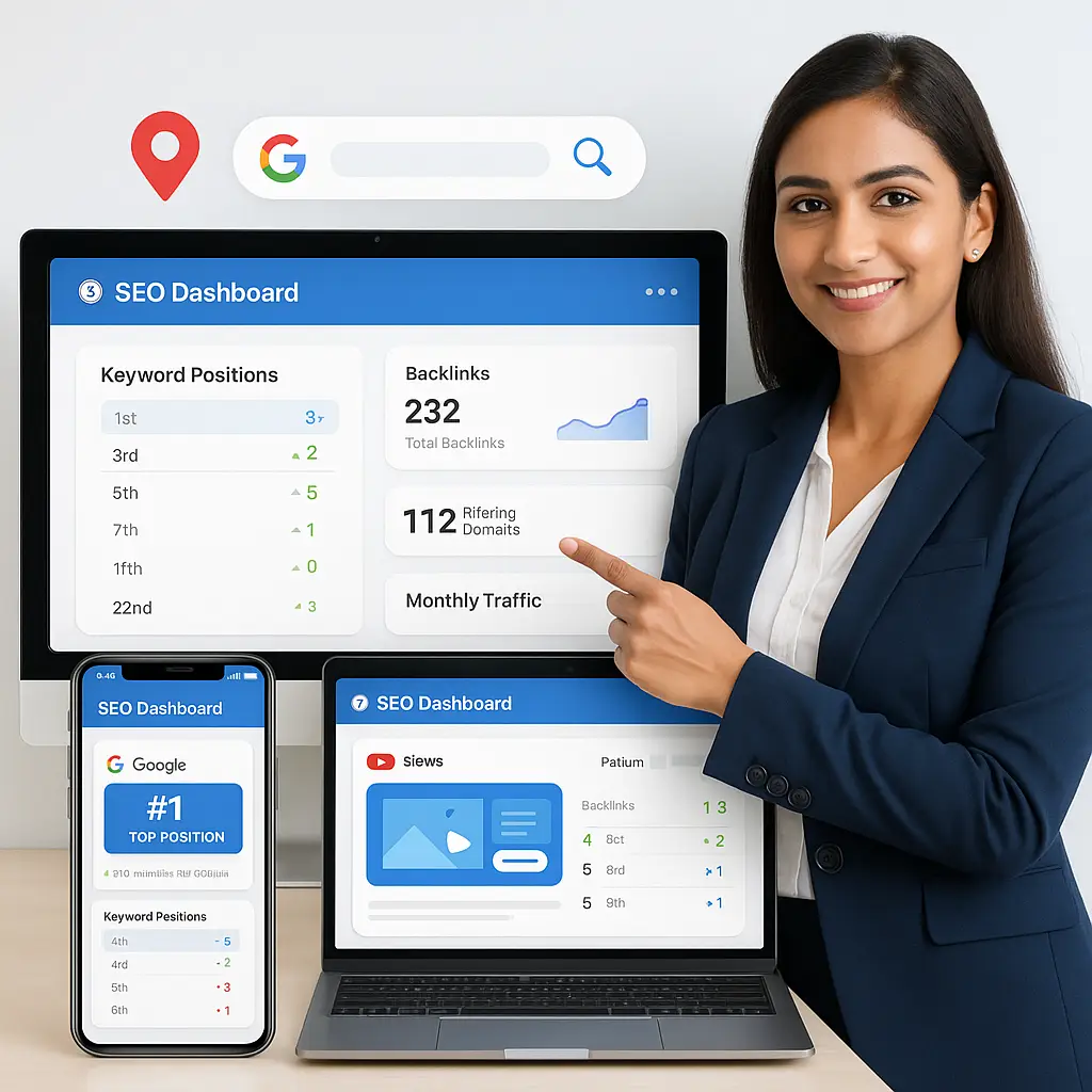 Indian businesswoman pointing at an SEO dashboard displaying keyword rankings, backlinks, and referring domains across desktop, mobile, and laptop screens
