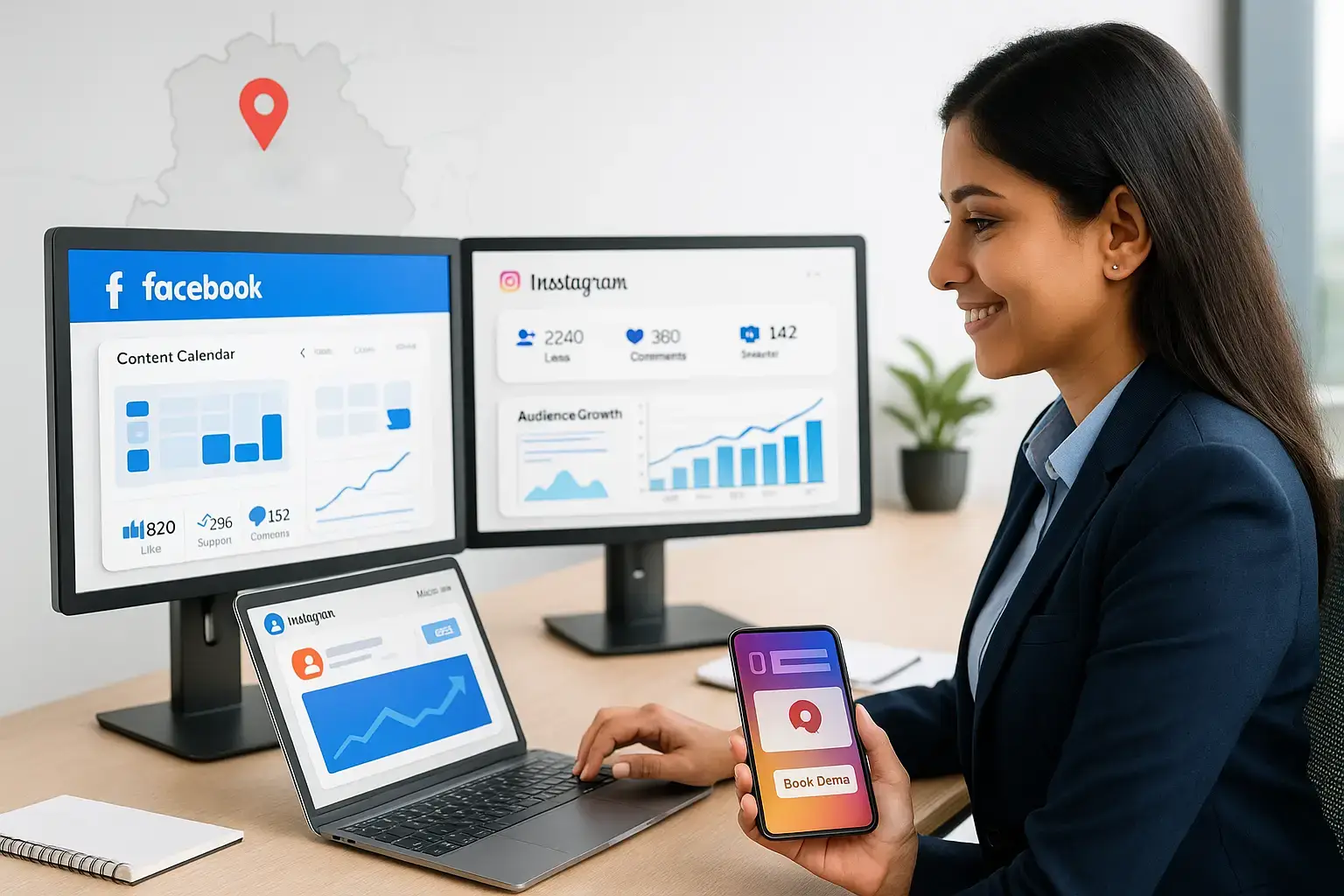 Indian marketing professional reviewing Facebook and Instagram performance analytics on multiple screens and holding a phone with 'Book Demo' CTA.