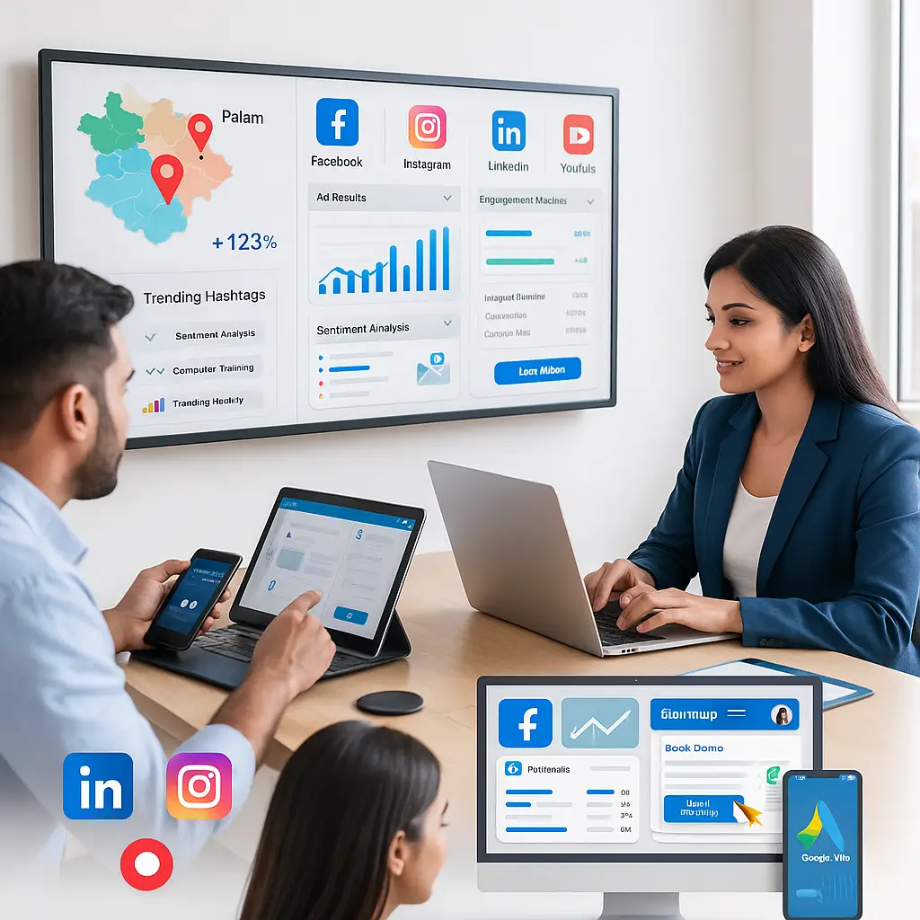 Indian marketers reviewing local campaign results, sentiment analysis, trending hashtags, and ad engagement across Facebook, Instagram, LinkedIn, and YouTube.