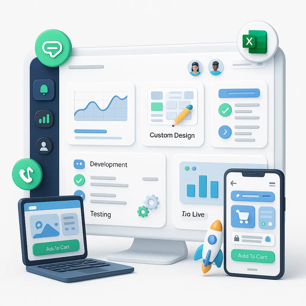 3D dashboard UI with custom design, development, testing, and go-live modules for e-commerce website