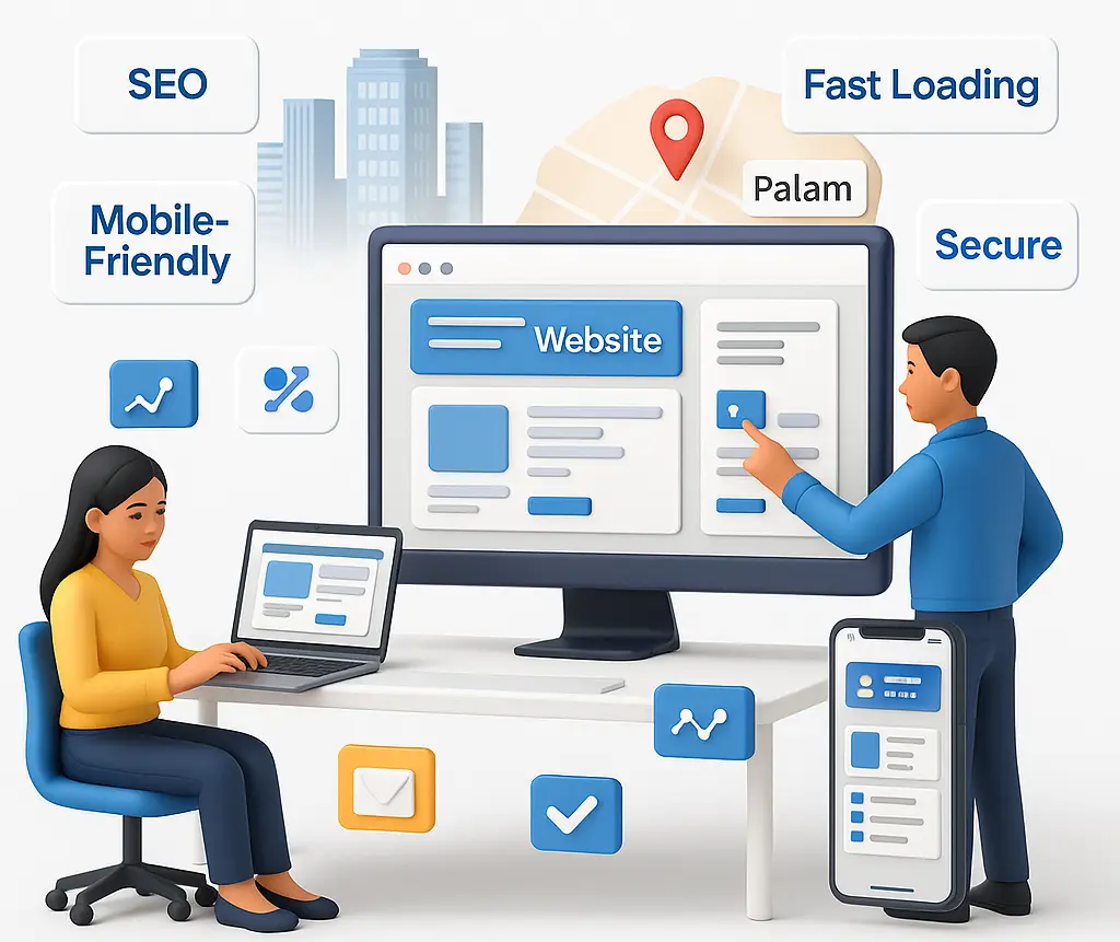 Cartoon illustration of a man and woman working on website development with labels like SEO, Mobile-Friendly, Fast Loading, and Secure