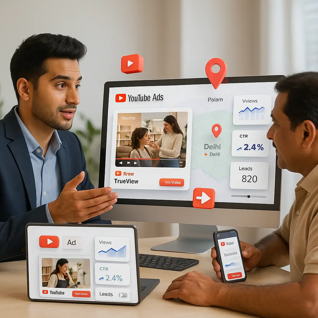 Marketing executive presenting YouTube TrueView ad results to a client, showing campaign stats like views, CTR, and leads for Palam, Delhi