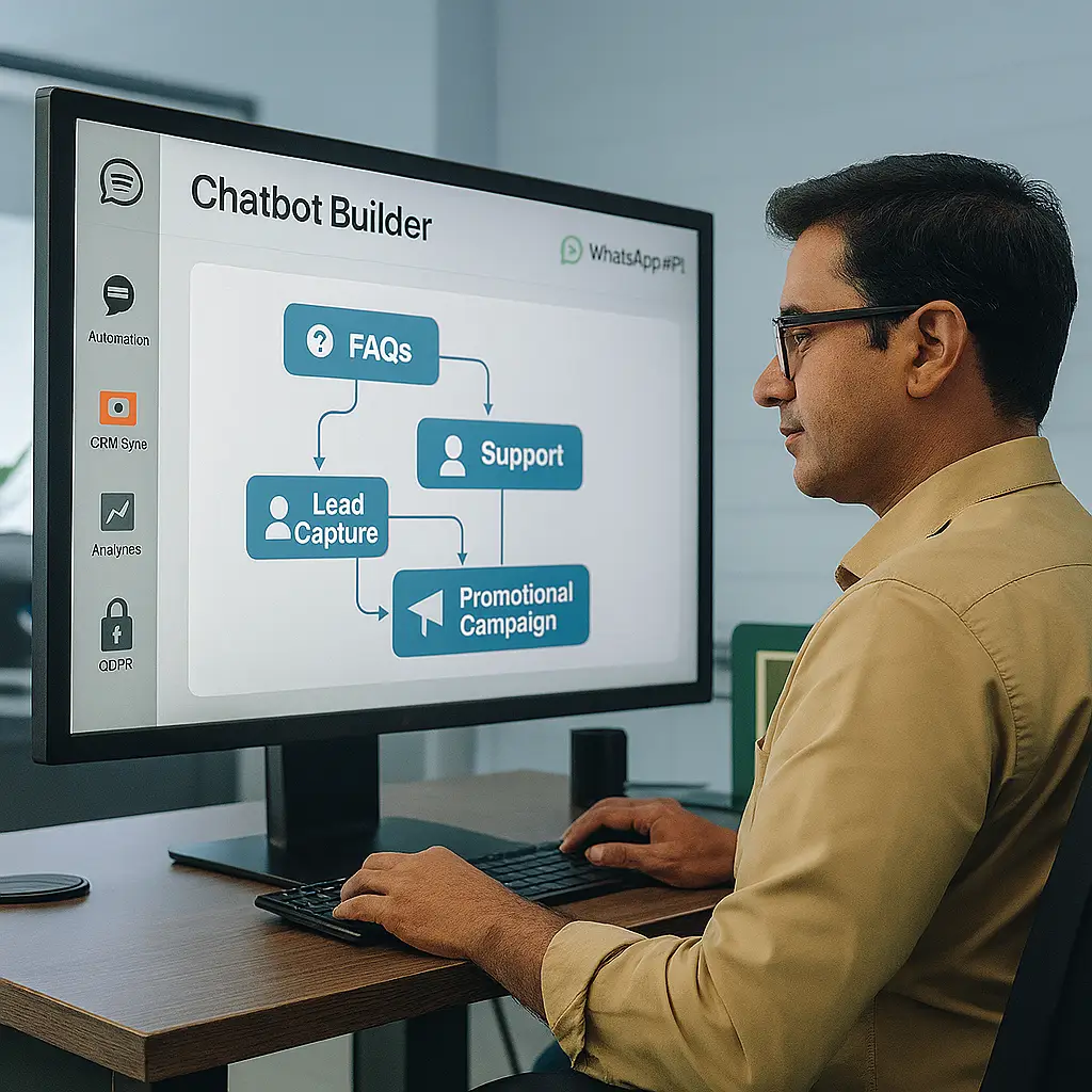 Professional building a WhatsApp chatbot flow on desktop showing lead capture, FAQs, support, and promotional campaigns