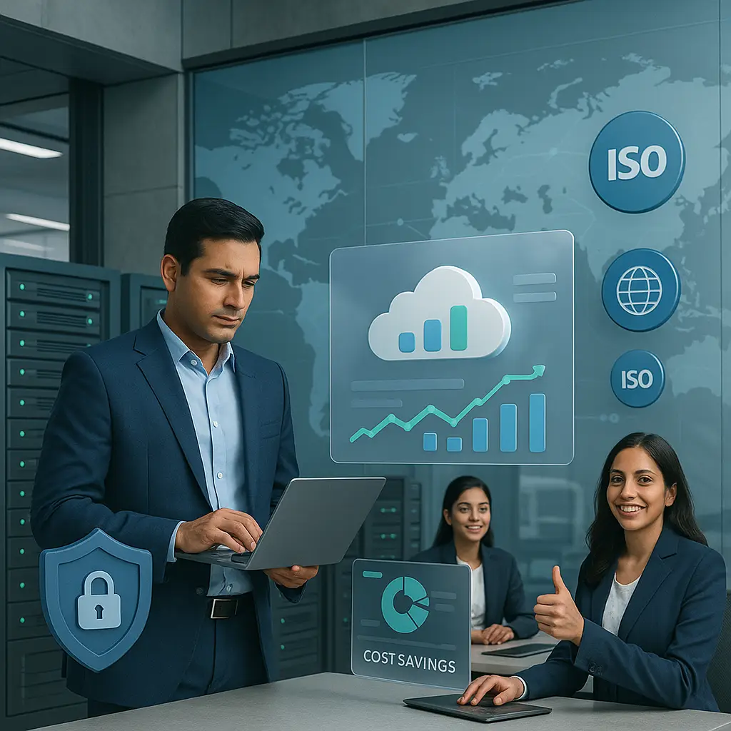 IT professionals managing ISO-compliant cloud infrastructure with analytics, cost savings, and cybersecurity dashboards