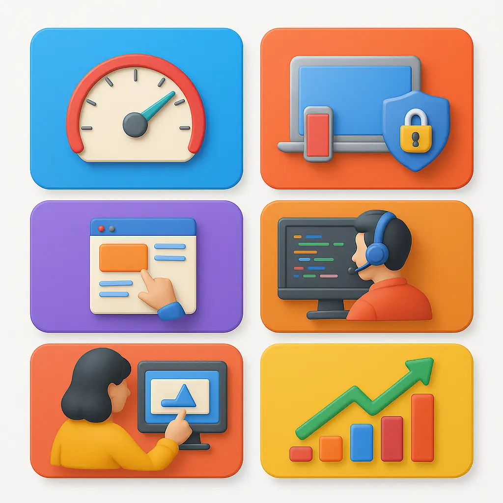 3D icons representing website speed, security, UI design, support, user interface, and growth analytics