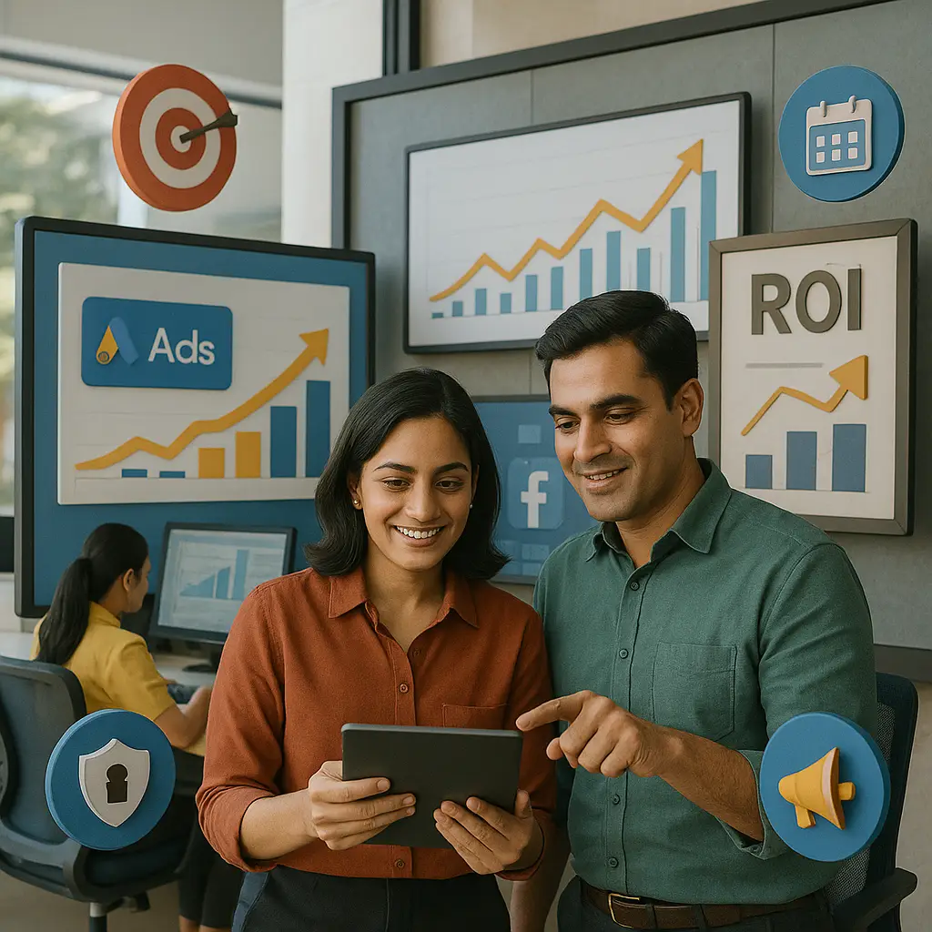 Marketing team reviewing tablet with dashboards showing Google Ads, Facebook Ads, ROI graphs, and campaign performance