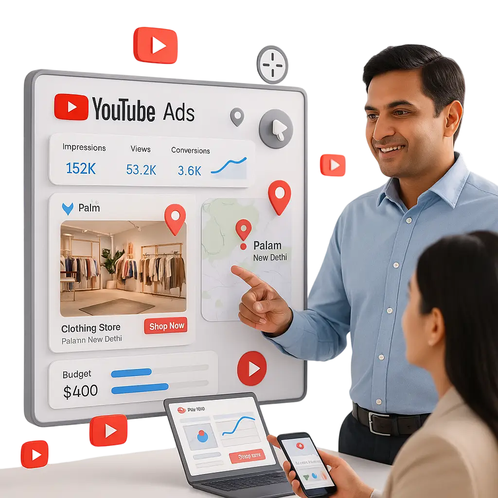 Marketing professional showing a YouTube Ads dashboard with impressions, views, and conversions for a clothing store in Palam, New Delhi