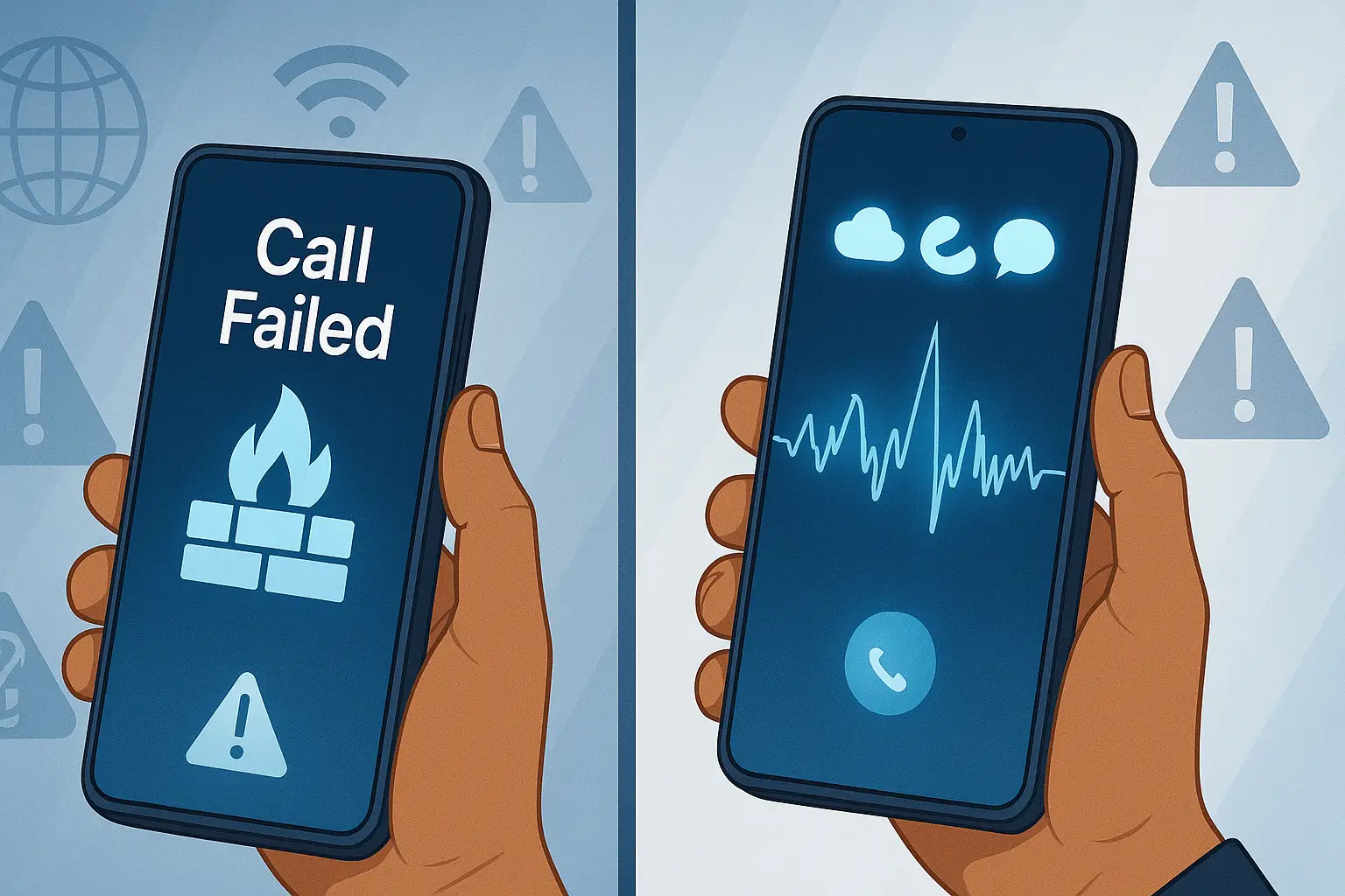 Common issues when dialing a VOIP number from mobile – call failed screen, poor audio waves, weak WiFi, and restricted VOIP icons.