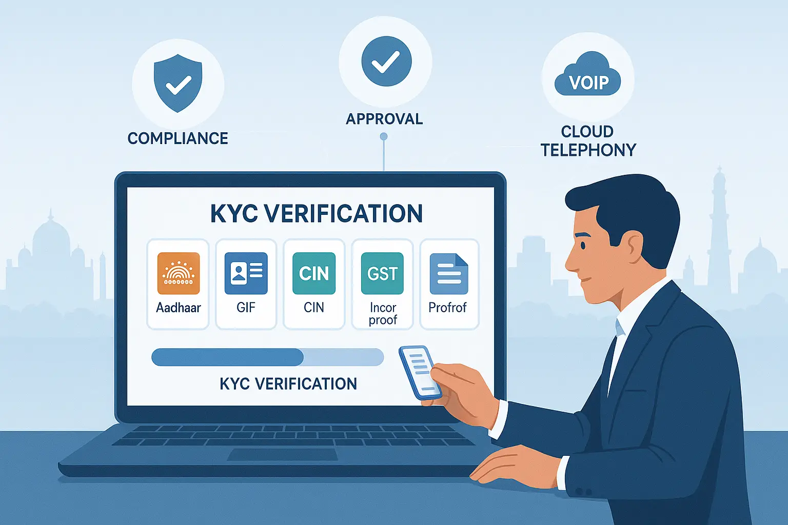 Business owner completing KYC to get a VOIP number in India with Aadhaar, PAN, CIN, and GST documents shown on a laptop screen._creativeitsolutions.net