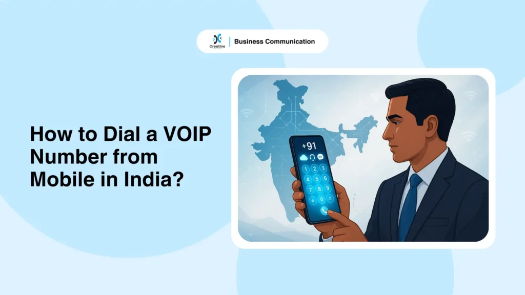 How to Dial a VOIP Number from Mobile in India - digital illustration showing an Indian professional using a smartphone with +91 code and VOIP icons.