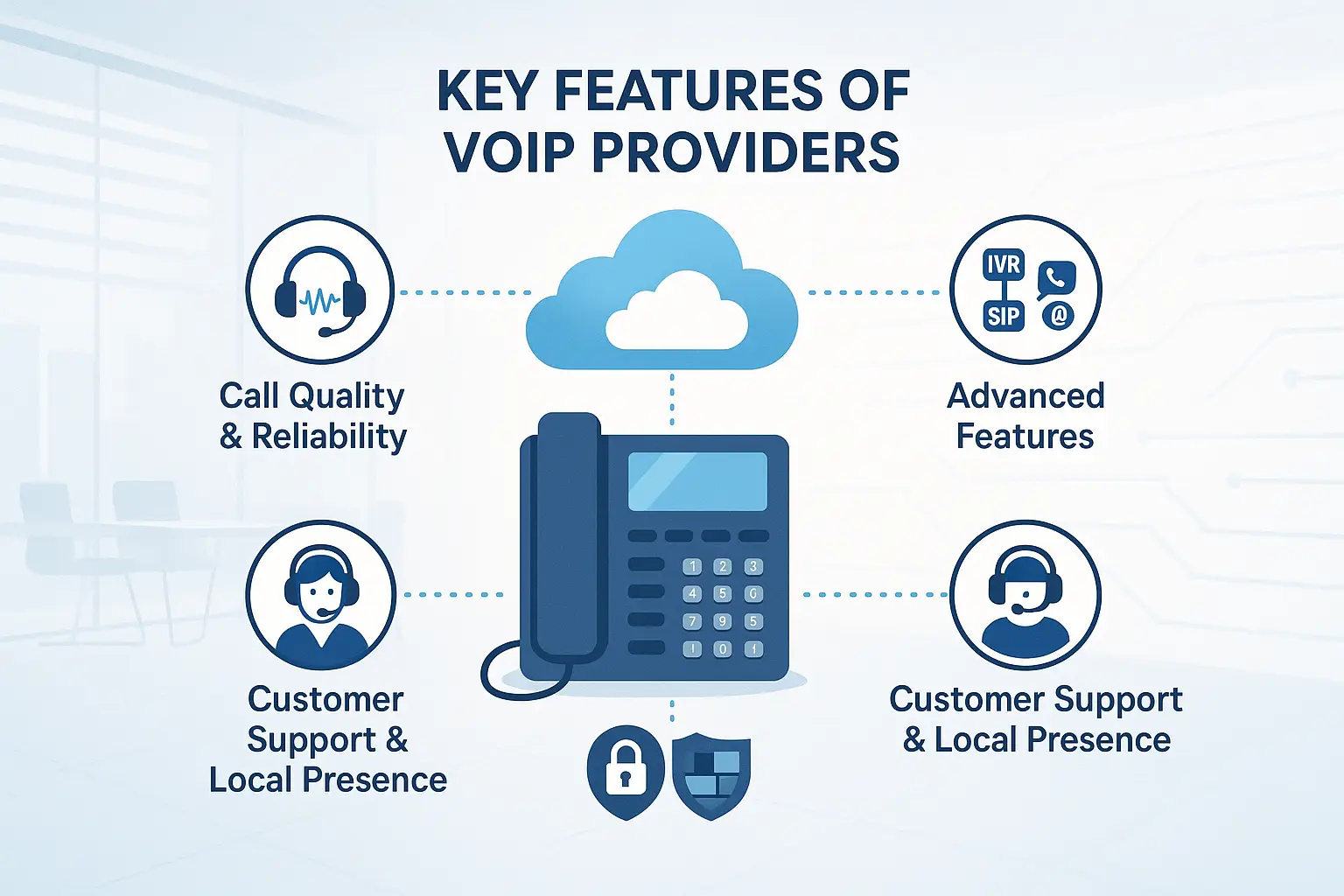Infographic showing key features of VOIP providers: call quality, advanced features, security compliance, and customer support.