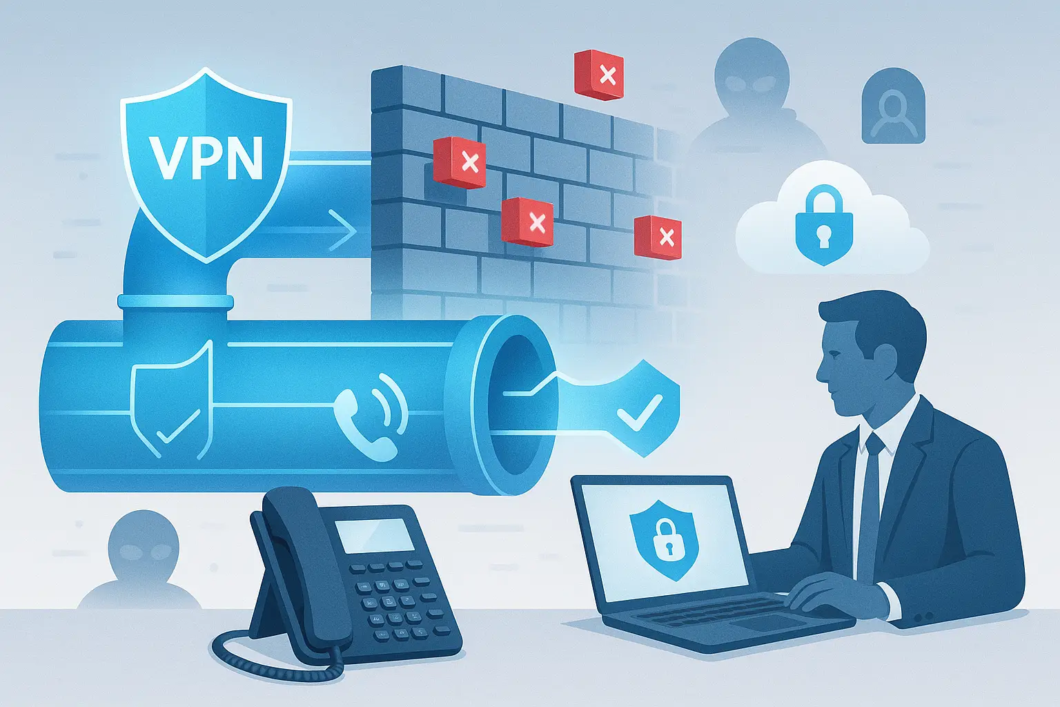 VOIP communication secured by a VPN tunnel and firewalls blocking malicious traffic, protecting calls from hackers