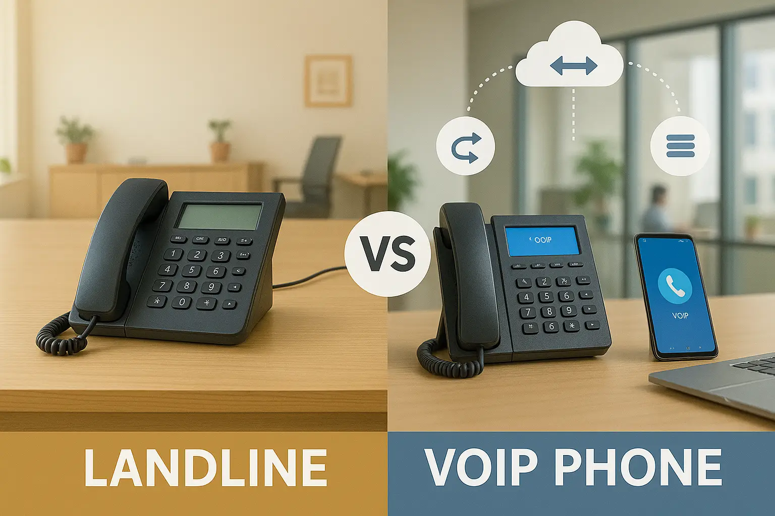 Comparison of VOIP phone vs landline showing a wired landline desk phone beside a modern VOIP phone with laptop and smartphone apps for business use.