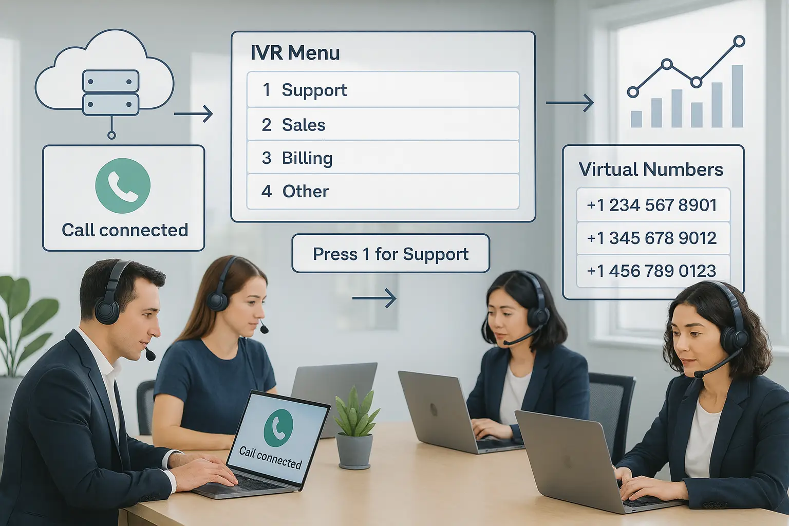 Cloud telephony system displayed in a modern office environment with support agents using laptops and headsets. Digital dashboards show IVR options, call logs, virtual numbers, and call routing visuals, representing a cloud-based business communication setup.