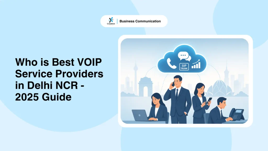 Business team in Delhi NCR using laptops, smartphones, and IP phones connected to cloud telephony with VOIP icons, representing the best VOIP service providers in Delhi NCR - 2025.