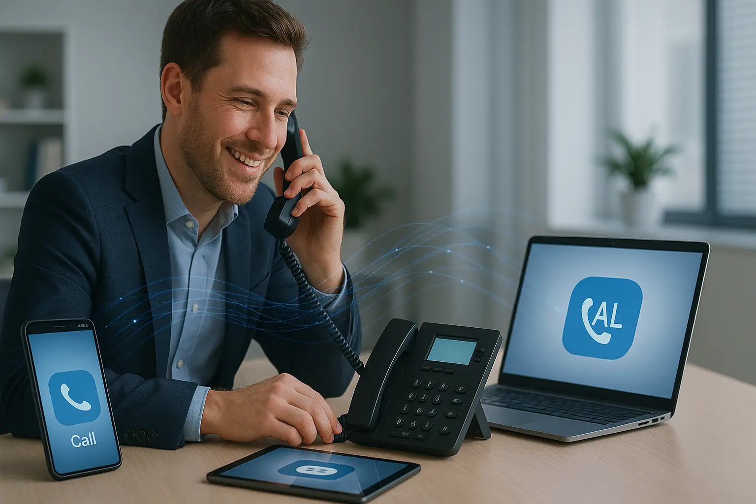 A professional using a VOIP phone alongside laptop and mobile devices, highlighting the benefits of VOIP phones as regular phones for flexible and connected communication.
