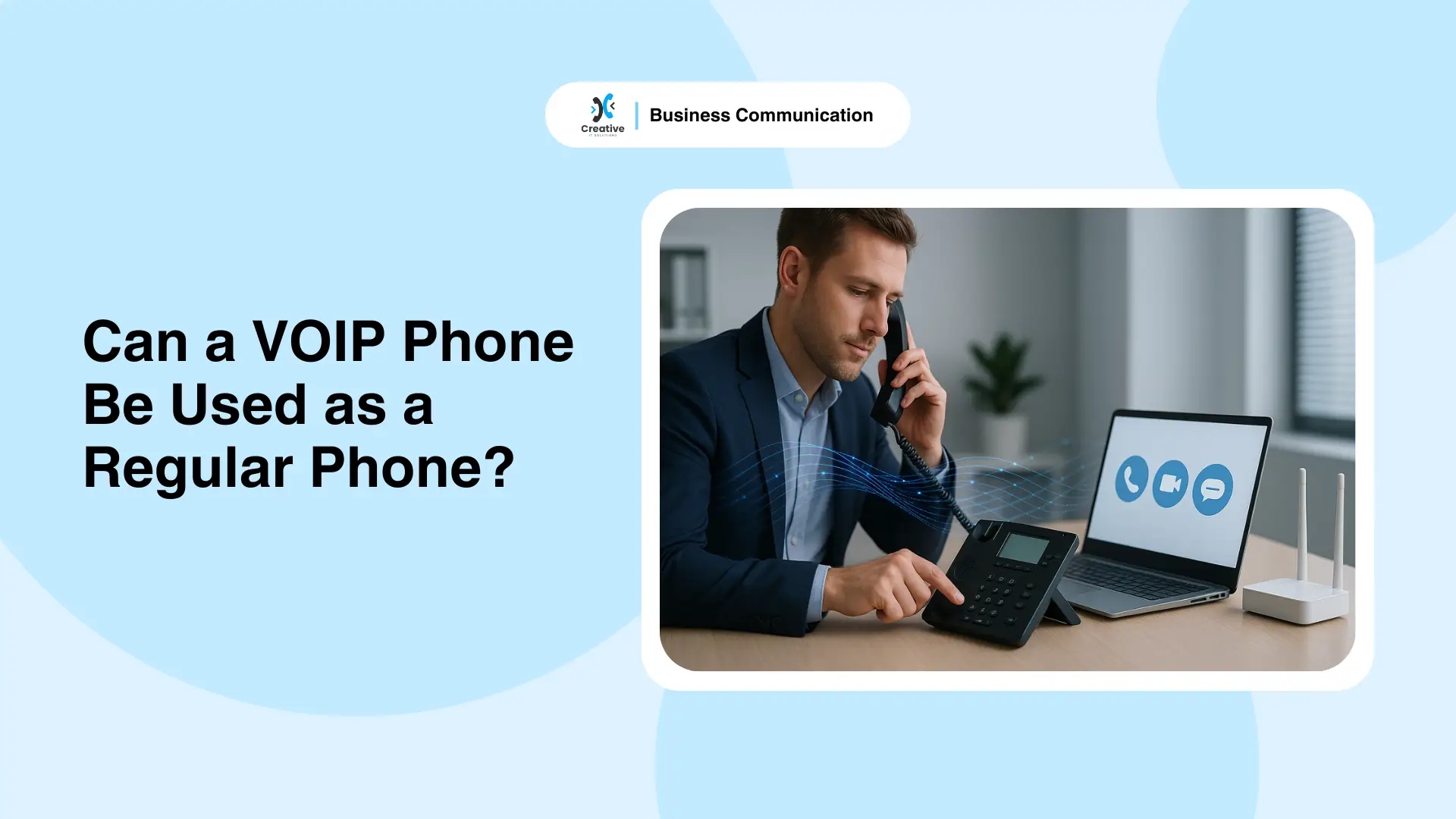 A professional in a modern office using a VOIP desk phone connected to a laptop - showing how can a VOIP phone be used as a regular phone through the internet.