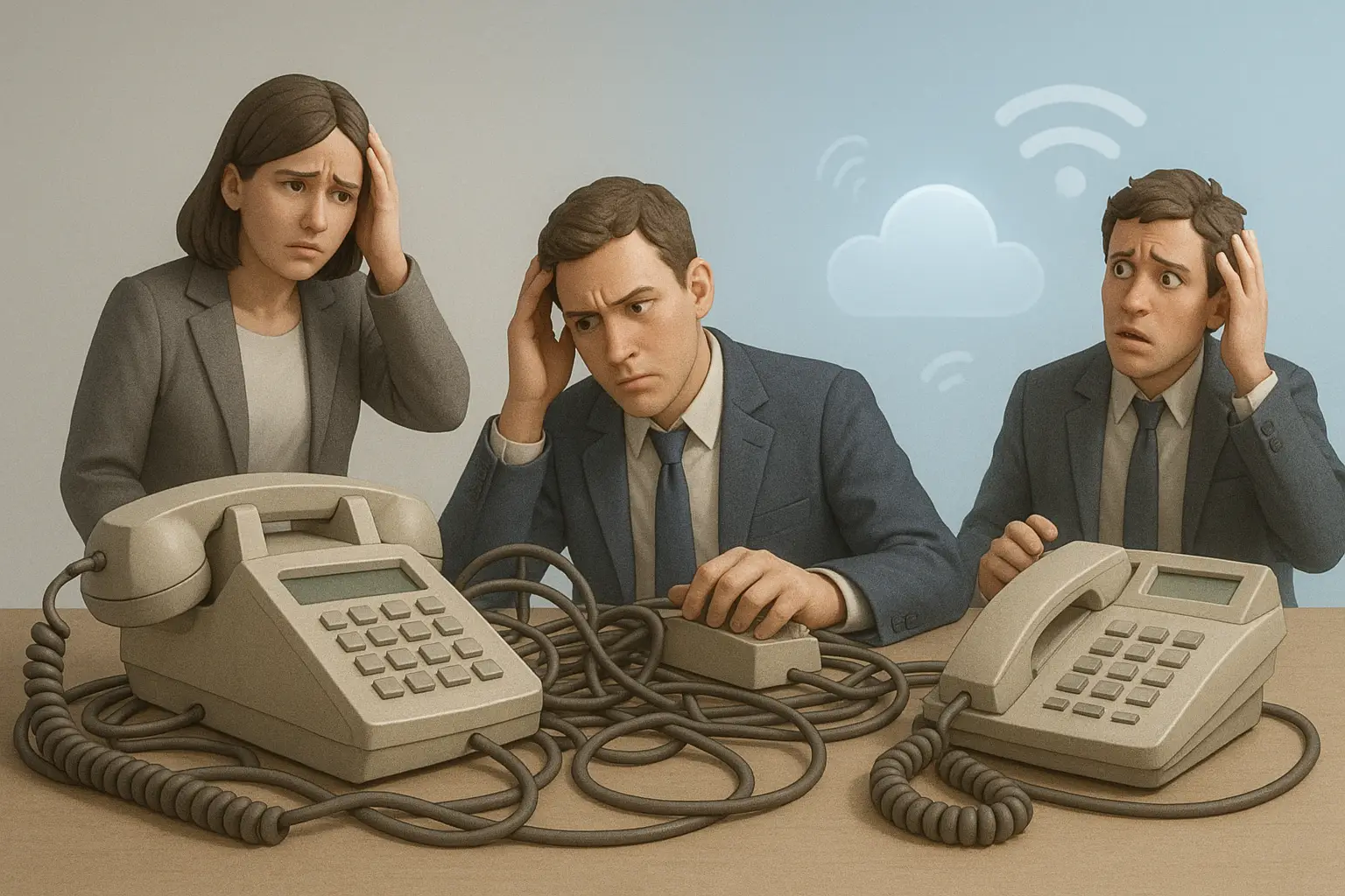 the challenges of traditional phone systems with tangled landline cables and outdated hardware compared to modern VOIP communication.