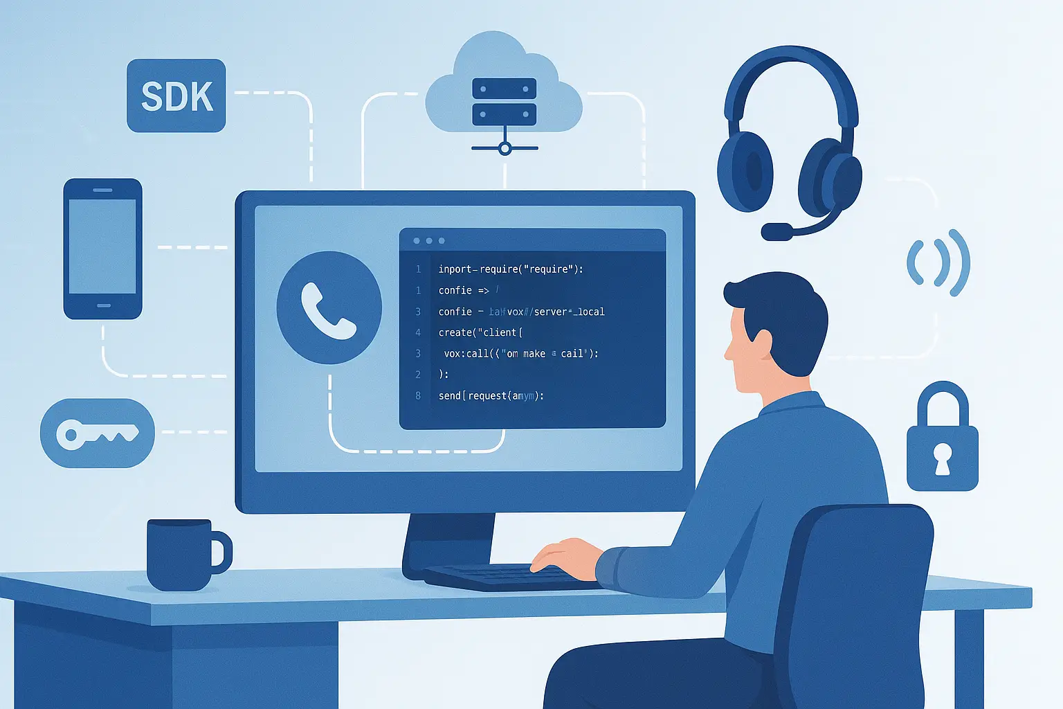 Developer integrating VOIP API easily into mobile and web apps, with cloud, smartphone, and headset icons representing VOIP API integration process.
