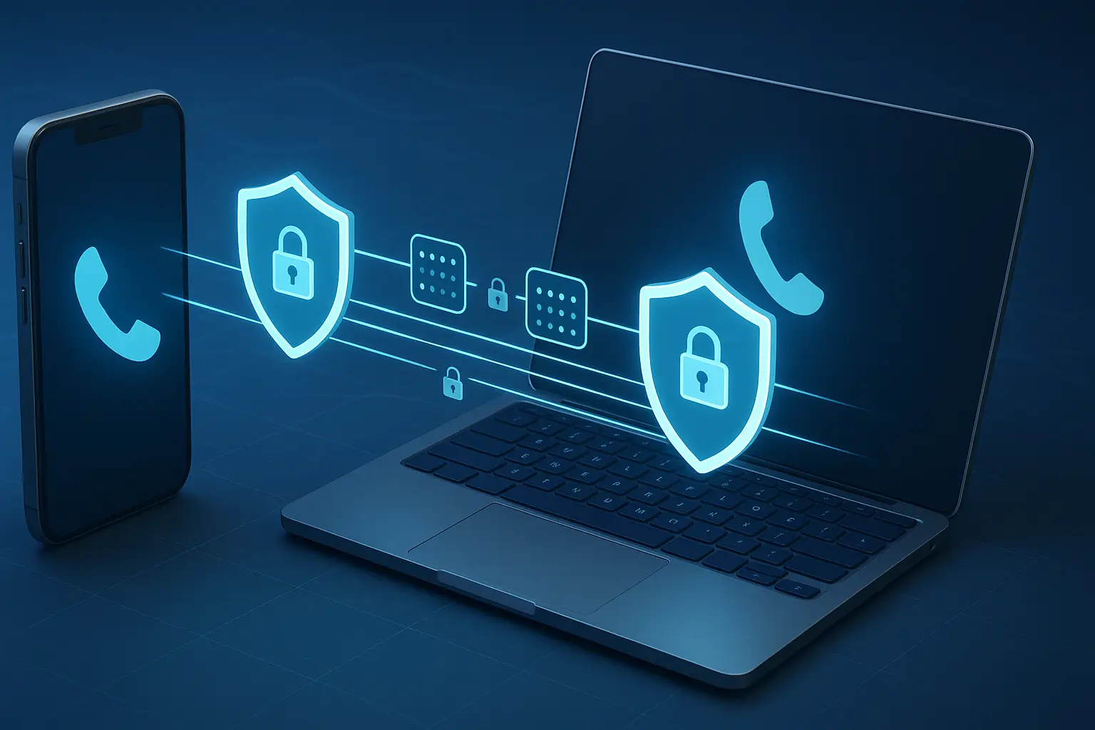 Illustration showing how TLS and SRTP protocols protect VOIP calls with encrypted data flow, shield icons, and secure VOIP communication visuals.