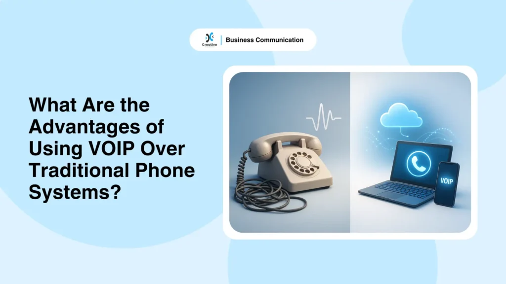 the advantages of VOIP over traditional phone systems with cloud, laptop, and smartphone icons representing modern communication.