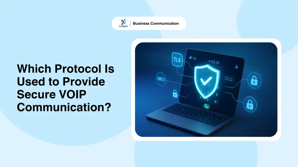 Visual representation of secure VOIP communication with shield, TLS, and SRTP icons showing encryption and protection protocols for VOIP calls.