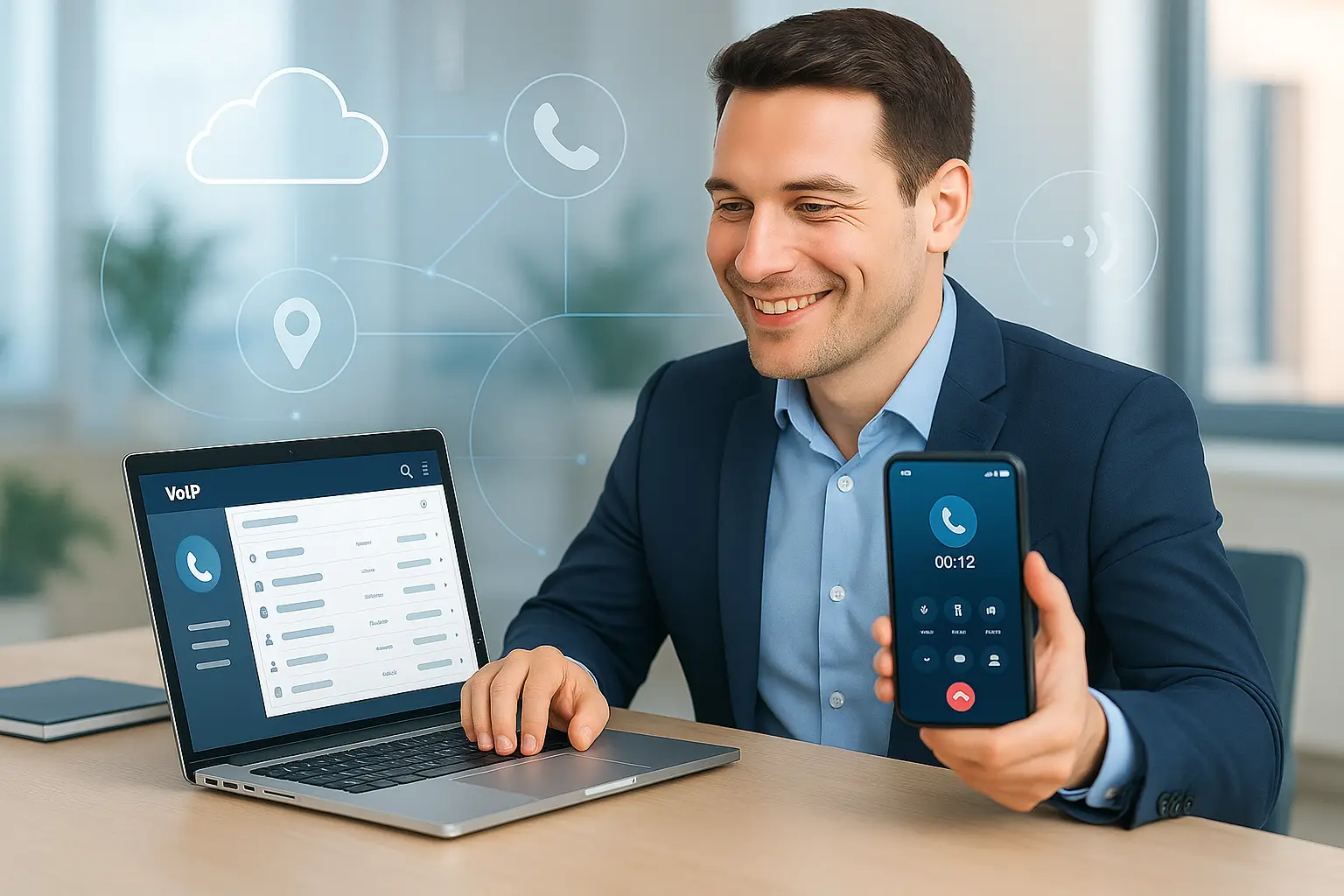 A business professional using a laptop and smartphone together, showing the benefits of porting a VOIP number to a cell phone for flexibility and cost savings.